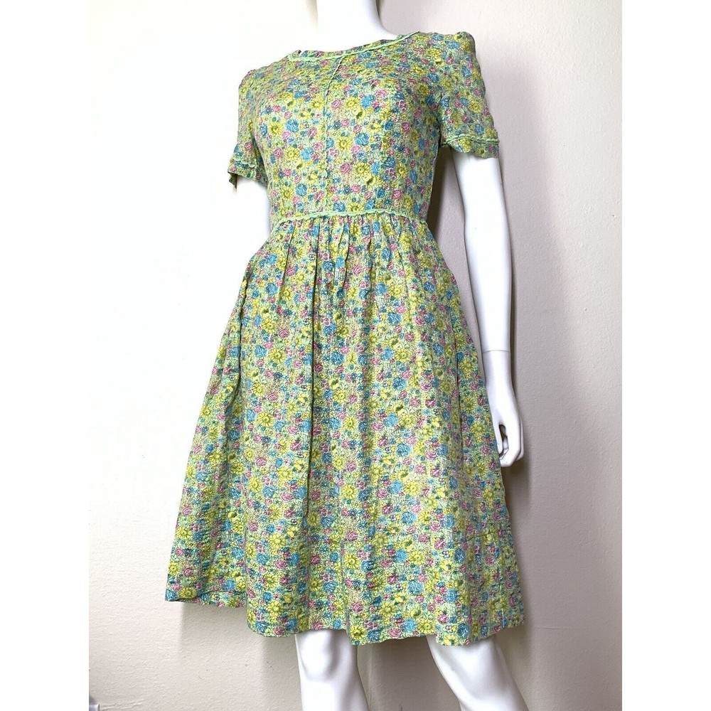 Vintage 50s Home Made Floral Seersucker Day Dress Modern Sz 2 Short Sleeve Knee